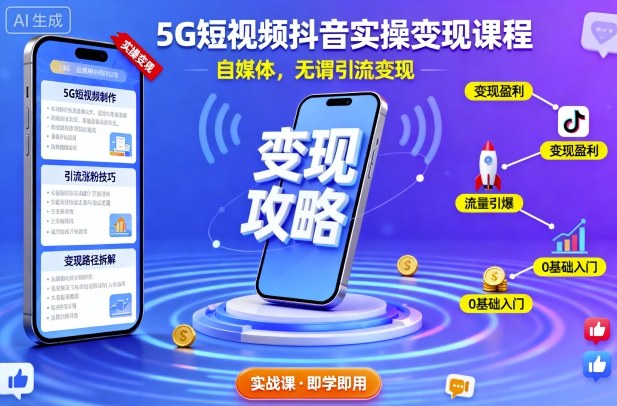 5G短视频抖音实操变现课程,自媒体,无谓引流变现|学课链网创