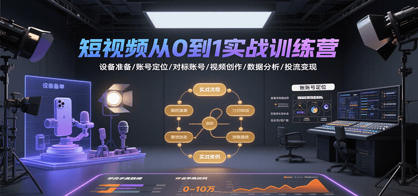 短视频从0到1实战训练营：设备准备/账号定位/对标账号/视频创作/数据分析/投流变现|学课链网创
