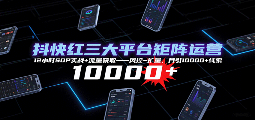 抖快红三大平台矩阵运营，12小时SOP实战+流量获取-风控-扩量，月引10000+线索|学课链网创