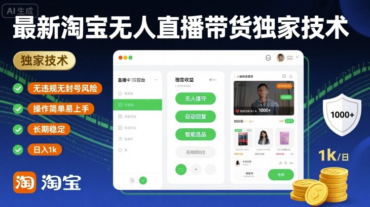 最新淘宝无人直播带货独家技术，无违规无封号风险，操作简单易上手，长期稳定日入1k【揭秘】|学课链网创