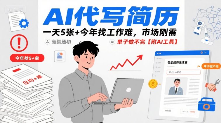 AI代写简历，一天5张+今年找工作难，市场刚需，单子做不完【附AI工具】|学课链网创