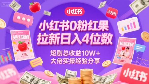 小红书0粉红果短剧拉新日入4位，数短剧总收益10W+大佬实操经验分享|学课链网创