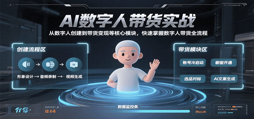 AI数字人带货实战，从数字人创建到带货变现各核心模块，快速掌握全流程|学课链网创