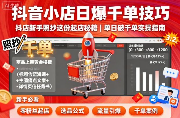 抖音小店日爆千单技巧，抖店新手照抄这份起店秘籍，单日破千单|学课链网创