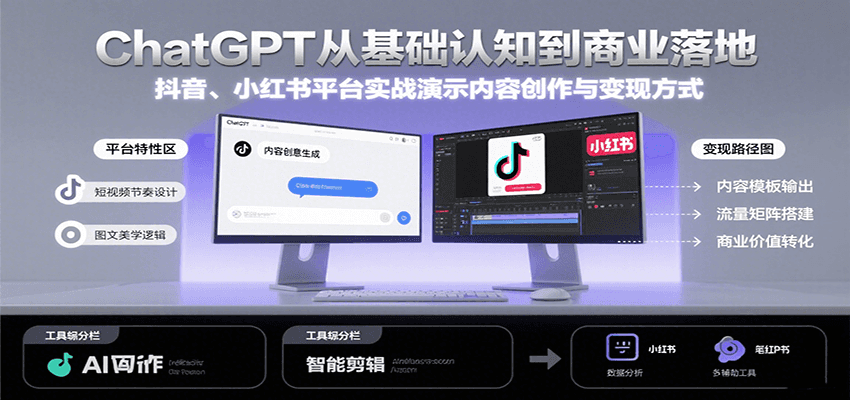 ChatGPT从基础认知到商业落地，实战演示抖音、小红书等平台的内容创作与变现|学课链网创