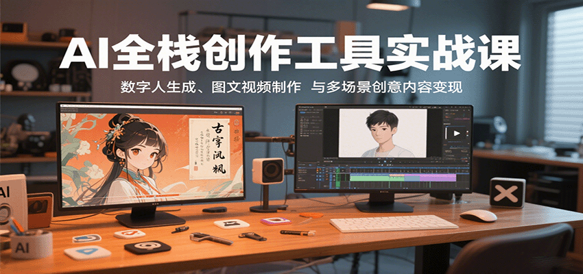 AI全栈创作工具实战课：数字人生成、图文视频制作与多场景创意内容变现|学课链网创