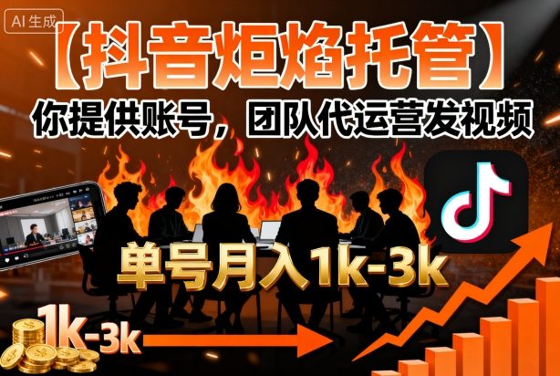 【抖音炬焰托管】你提供账号，团队代运营发视频，单号月入1k+【揭秘】|学课链网创