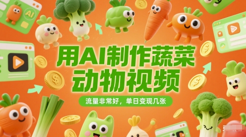用AI制作蔬菜动物视频，流量非常好，单日变现几张|学课链网创