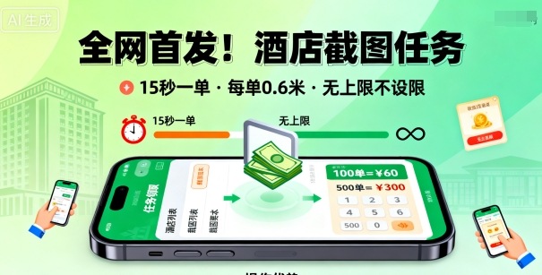 全网首发！酒店截图任务，15秒一单，每单0.6米，任务无上限不设限，矩阵操作单日3张到手【揭秘】|学课链网创