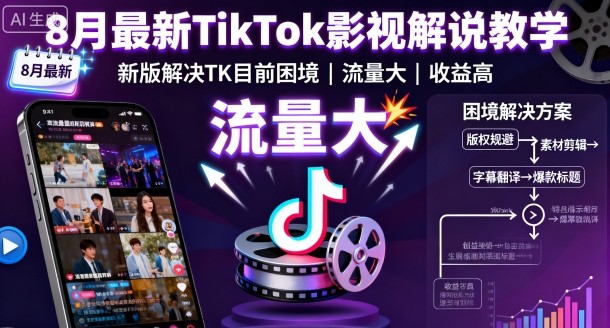 8月最新TikTok影视解说教学，新版解决TK目前困境，流量大，收益高|学课链网创