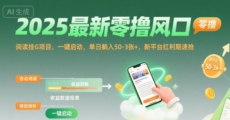 2025最新零撸风口，阅读挂G项目，一键启动，单日躺入 50-3张+，新平台红利期速抢【揭秘】|学课链网创