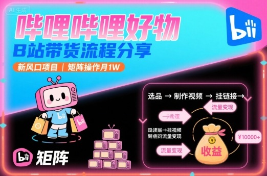 哔哩哔哩好物，B站带货流程分享，新风口项目，矩阵操作月1W|学课链网创