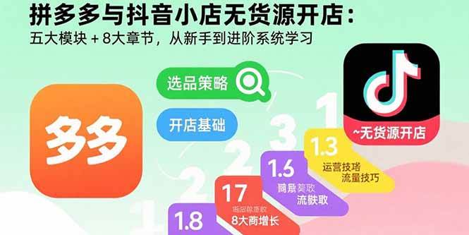 （15805期）拼多多与抖音小店无货源开店：五大模块+8大章节，从新手到进阶系统学习|学课链网创