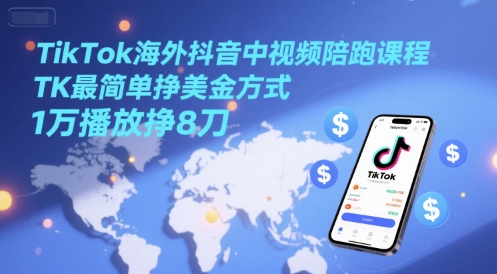 TikTok海外抖音中视频陪跑课程，TK最简单挣美金方式，1万播放挣8刀|学课链网创