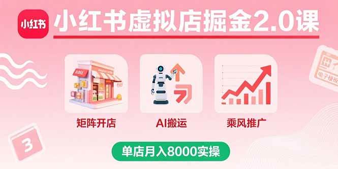 （15929期）小红书虚拟店掘金2.0课，矩阵开店+AI搬运+乘风推广，单店月入8000实操|学课链网创