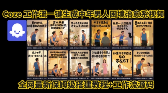 coze工作流一键生成”中年男人困境扎心高涨粉高播放量图文视频”保姆级拆解教程，无需剪辑，无需拍摄写文案|学课链网创