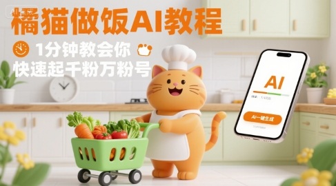 有趣的橘猫买菜做饭视频，用AI一键搞定，1分钟教会你，快速起千粉万粉号|学课链网创