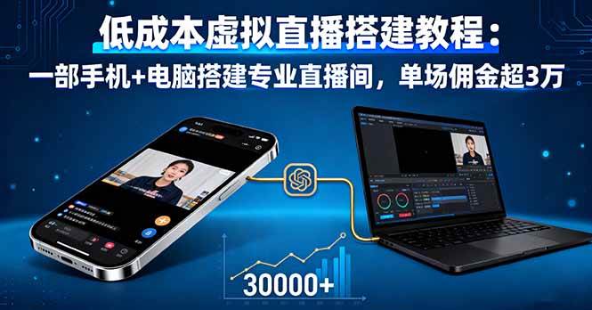 (16156期)低成本虚拟直播搭建教程:一部手机+电脑搭建专业直播间,单场佣金超3万|学课链网创
