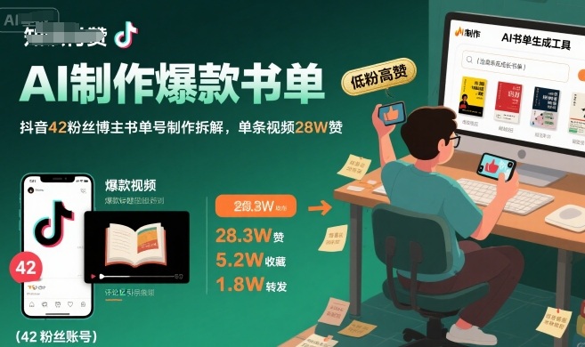 AI制作爆款书单，抖音42粉丝博主书单号制作拆解，单条视频28W赞|学课链网创
