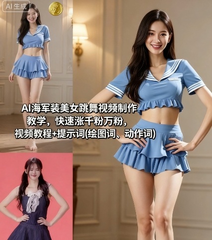 AI海军装美女跳舞视频制作教学,快速涨千粉万粉,视频教程+提示词(绘图词、动作词)|学课链网创