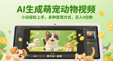 AI生成萌宠动物视频，小白轻松上手，多种变现方式，日入4位数|学课链网创