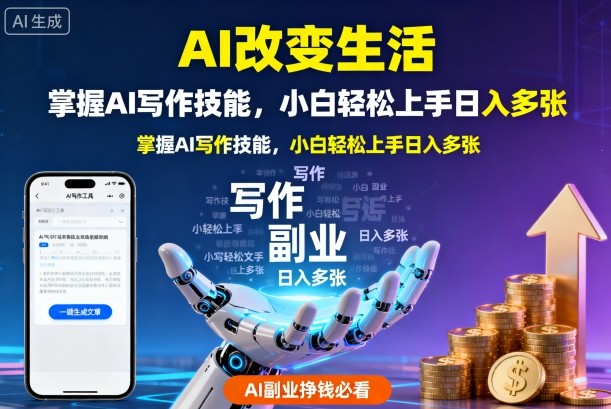AI改变生活，掌握AI写作技能，小白轻松上手日入多张，AI副业挣钱必看|学课链网创