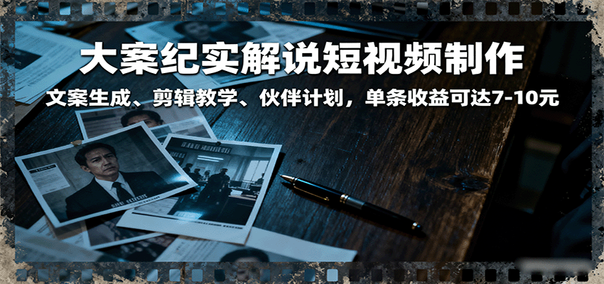 大案纪实解说短视频制作，文案生成、剪辑教学、伙伴计划，单条收益可达7-10元|学课链网创