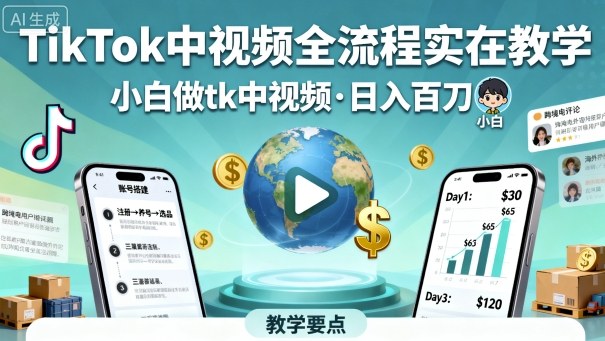 TikTok中视频全流程实操教学,小白做tk中视频,日入百刀|学课链网创