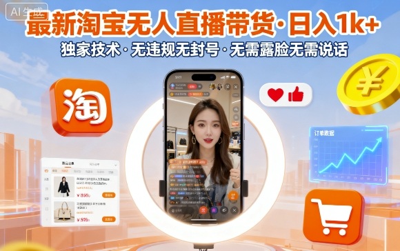 最新淘宝无人直播带货，日入1k+，独家技术，无违规无封号，无需露脸无需说话【揭秘】|学课链网创